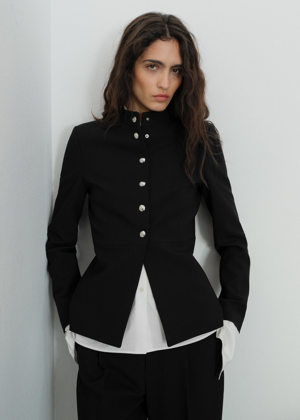 Jacket with jewel-button strip collar - Black