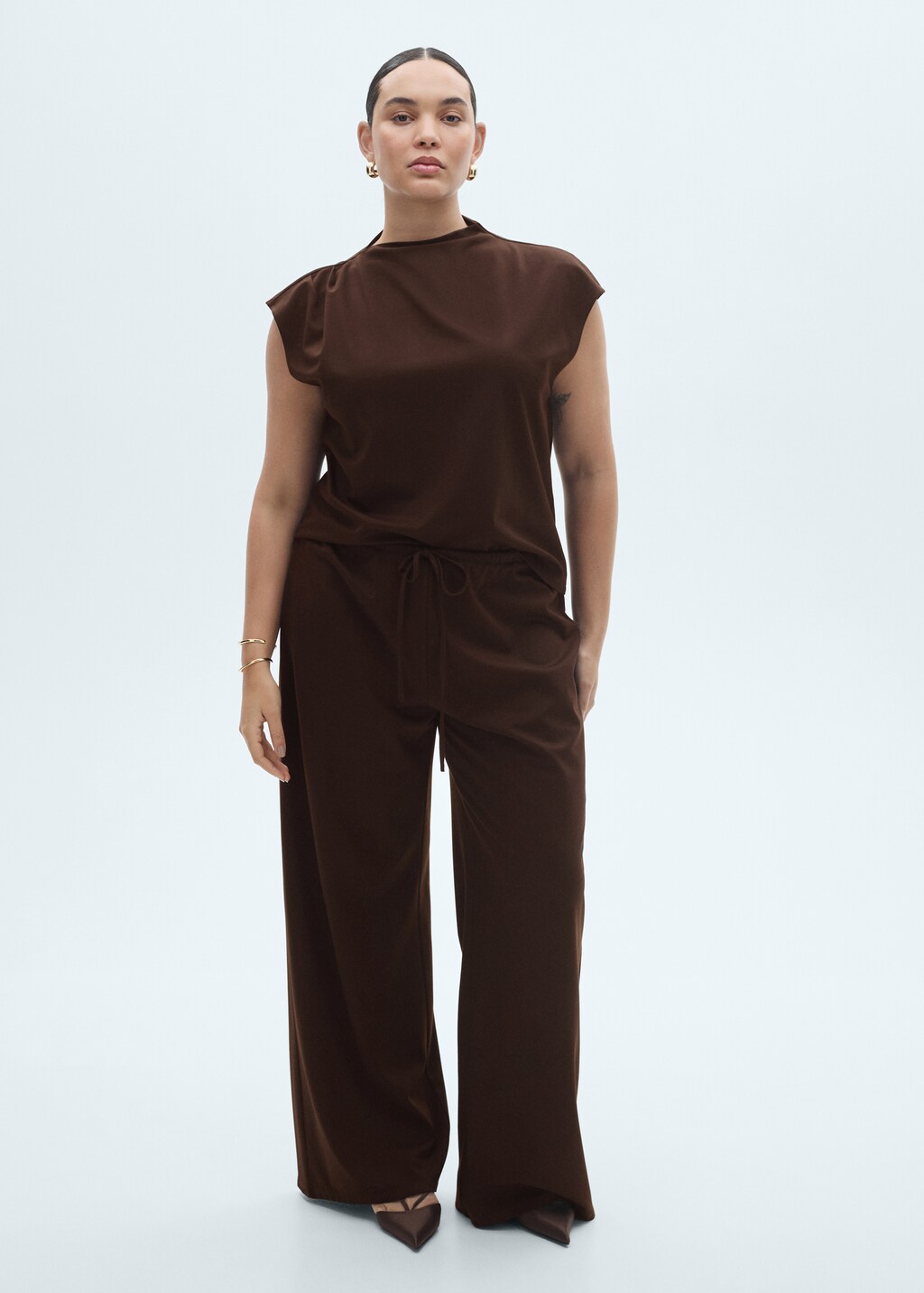 Wideleg trousers with elastic waist - Sand