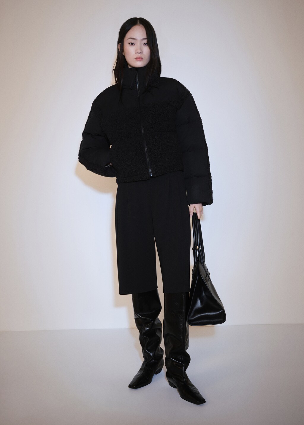 Padded anorak with bouclé panels - Black