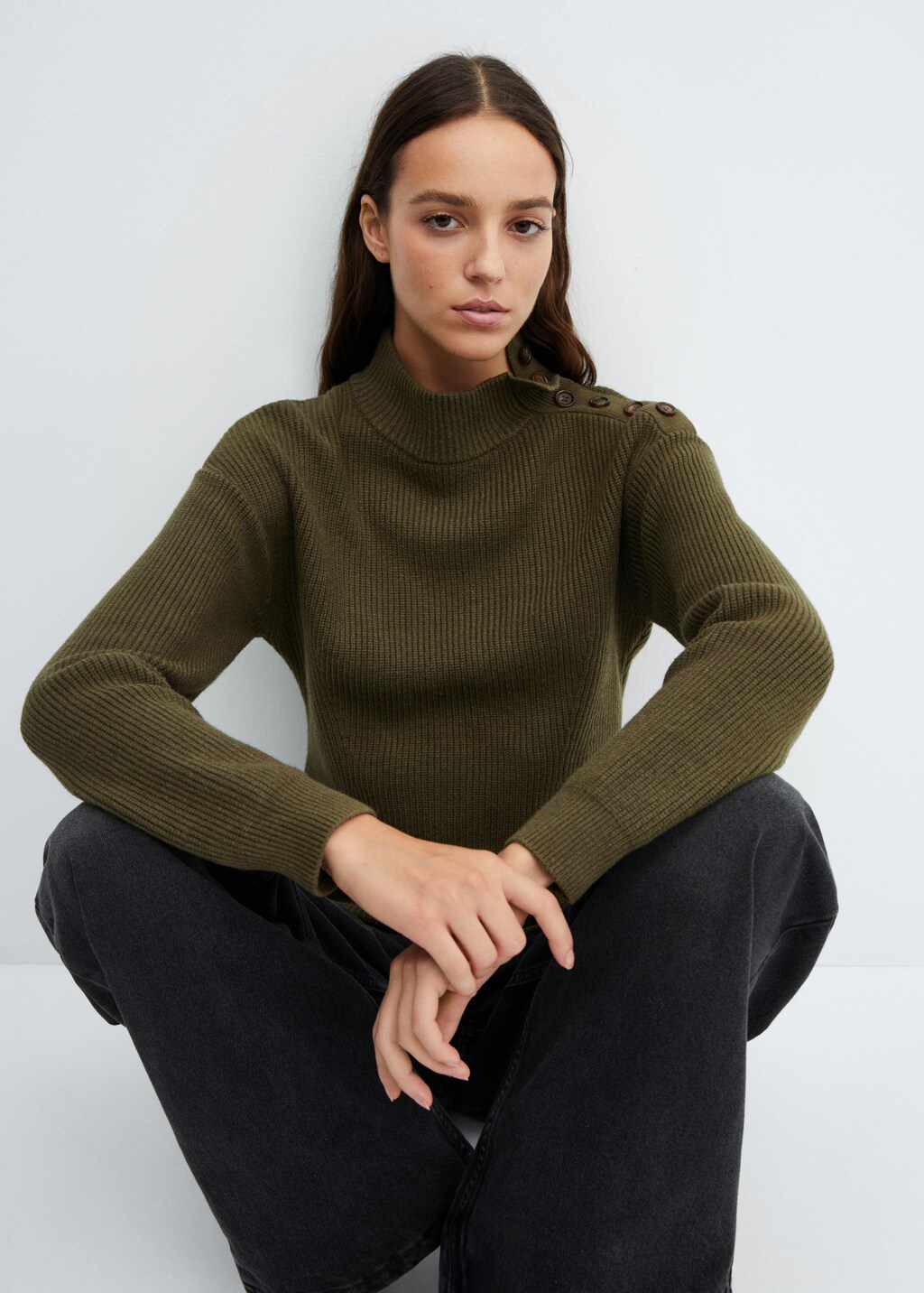 Shouder buttons ribbed sweater - Beige
