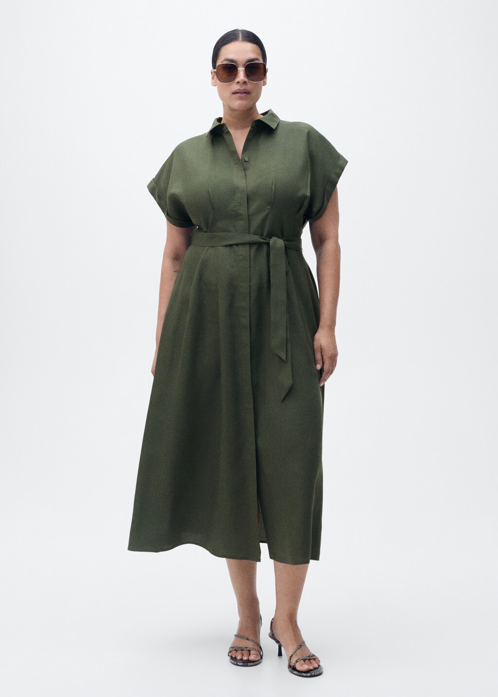 Linen and lyocell-blend shirt dress with belt - Khaki