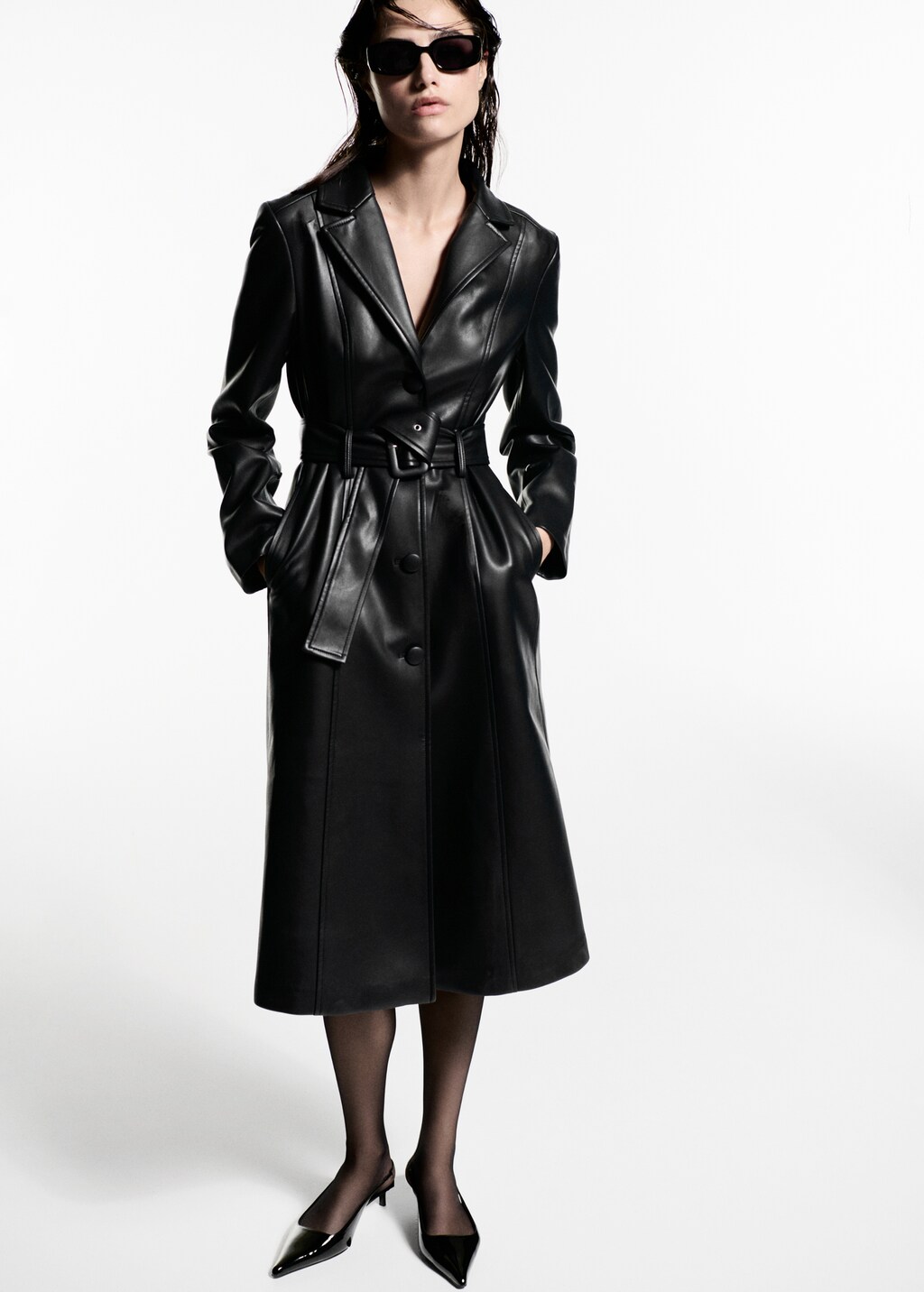 Leather-effect coat with fur-effect trim - Black
