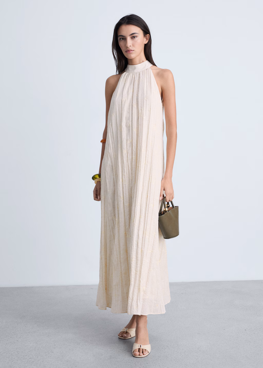 Embroidered linen-blend dress - Sand