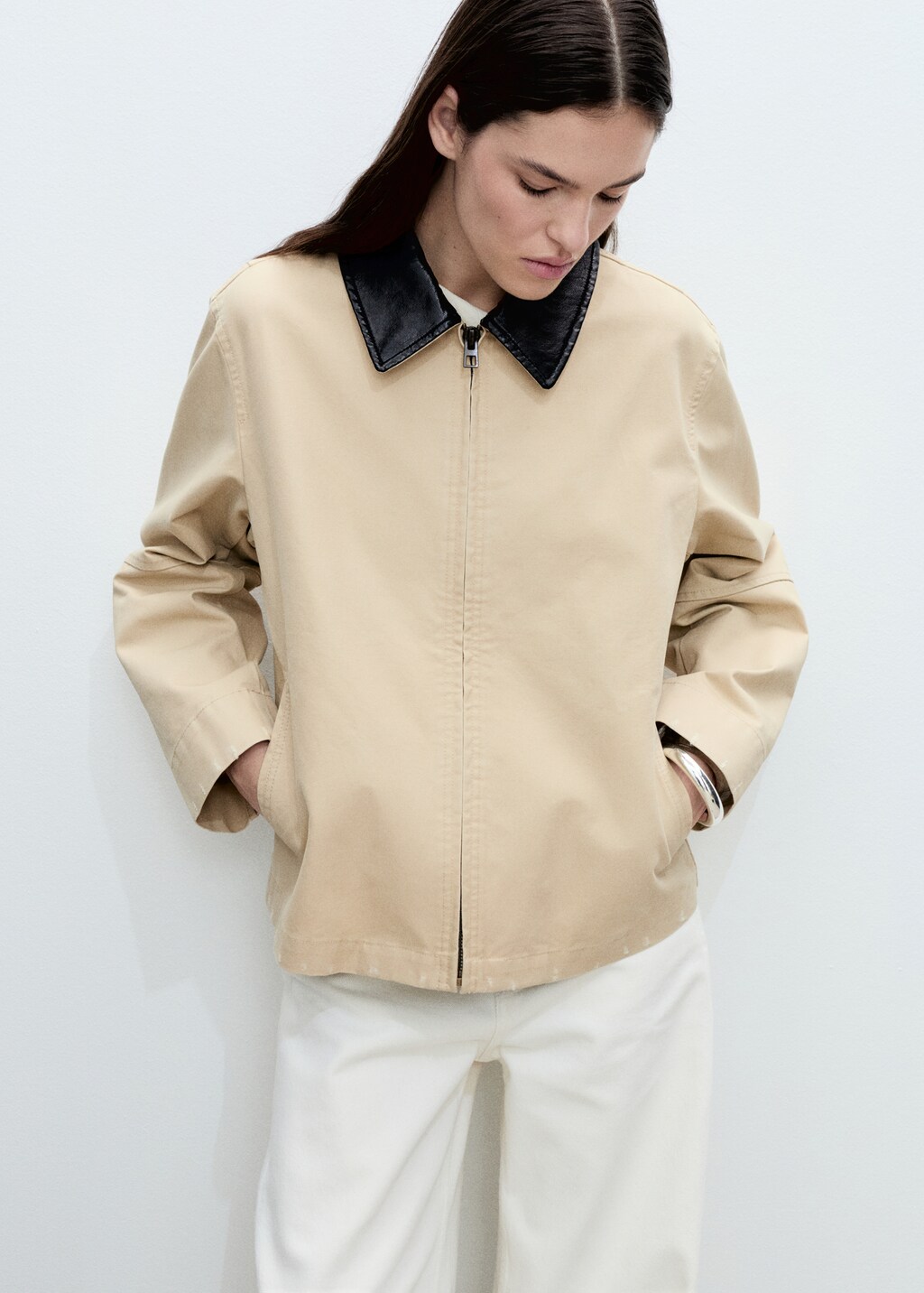 Cotton jacket with contrasting collar - Khaki