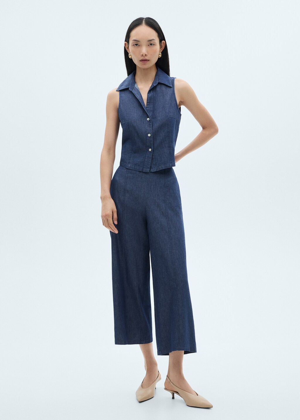 Denim-effect culotte trousers - Dark Blue