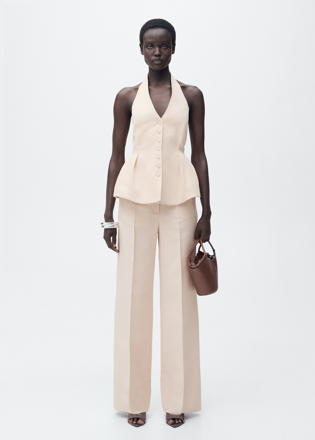 Halter-neck waistcoat with pleats - Nude