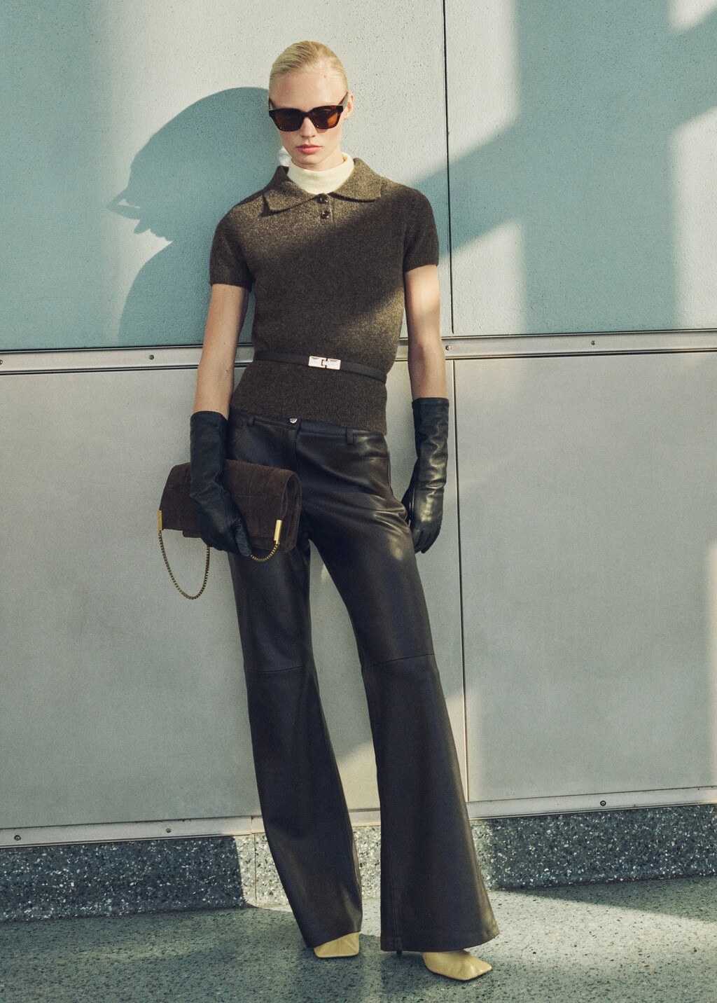 Short-sleeved polo-neck sweater - Medium Brown