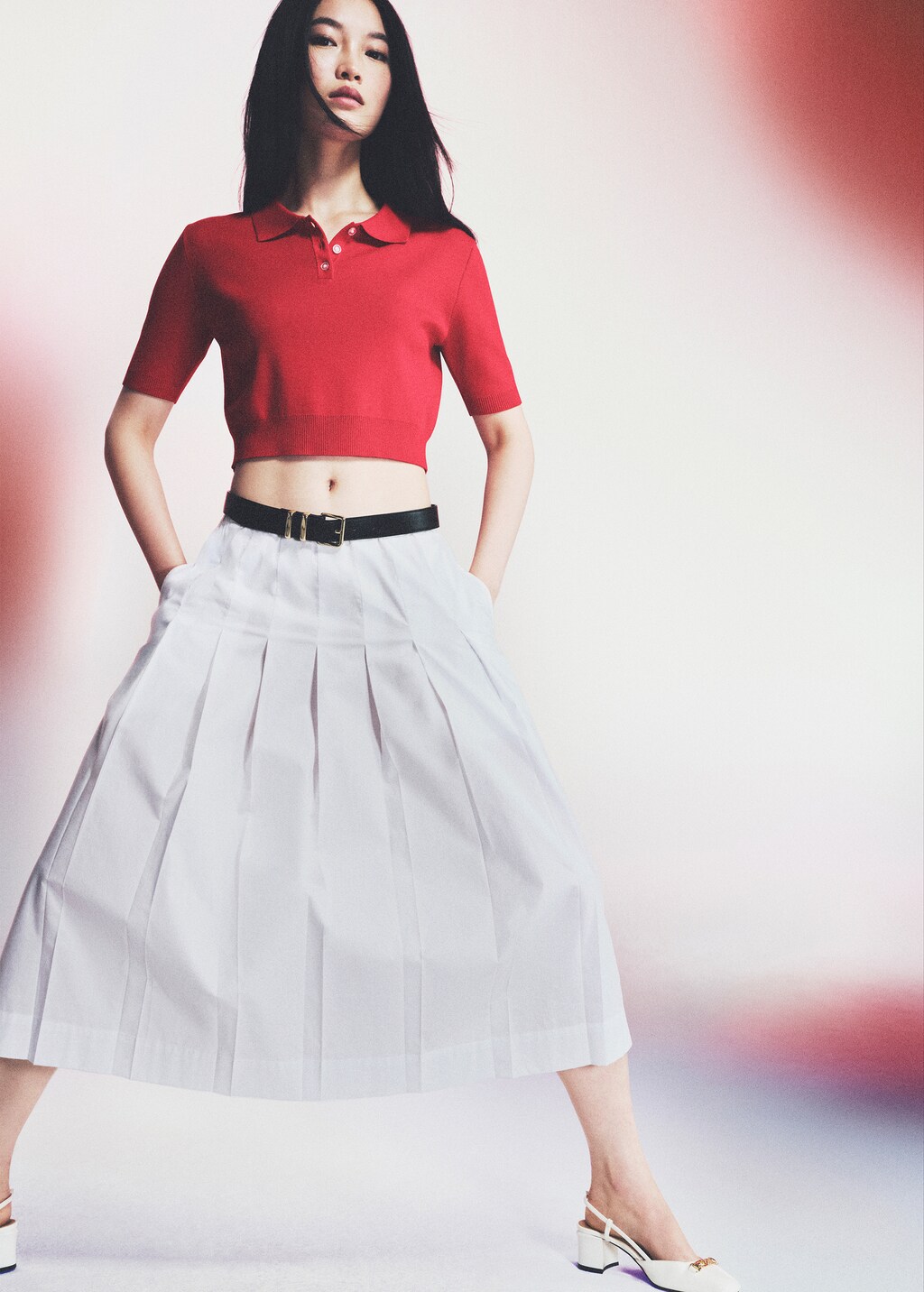 Cropped knitted polo shirt - Red