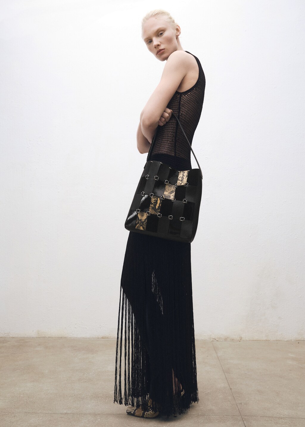 Combined-patchwork leather bag - Black