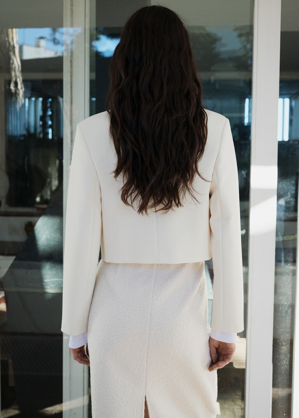 Strip-neck cropped jacket - Ecru