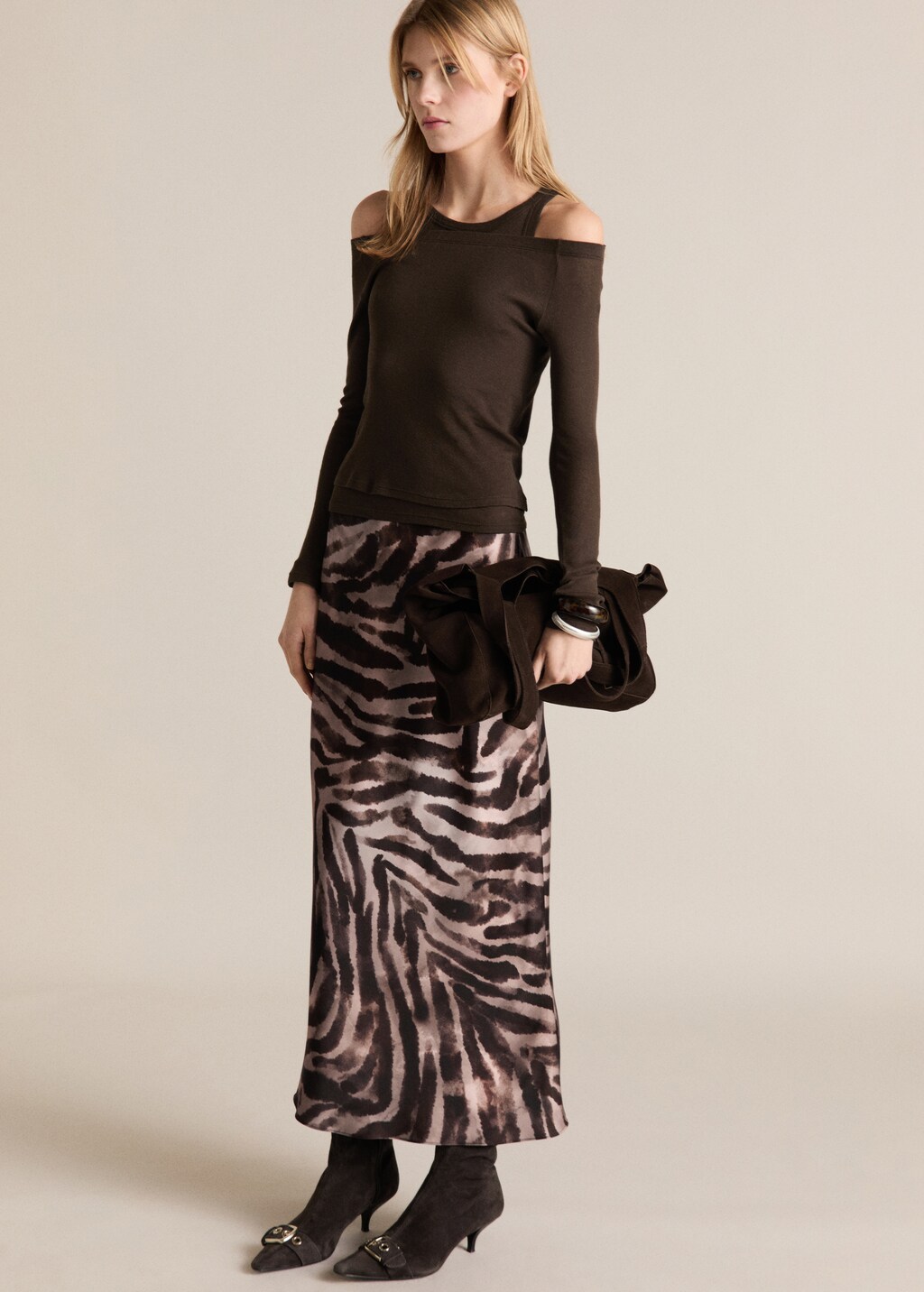 Long satin zebra skirt - Brown