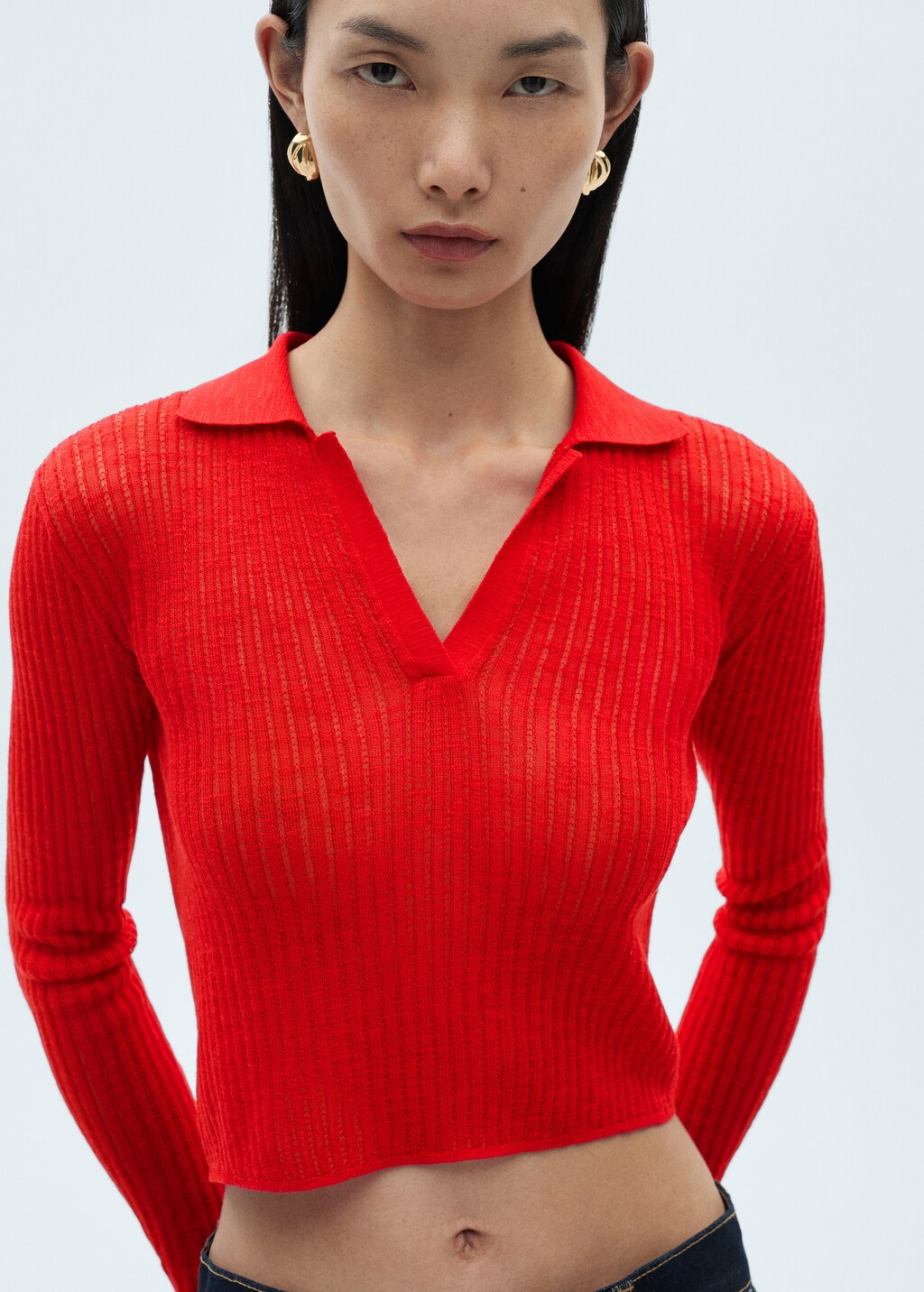 Ribbed polo neck t-shirt - Red