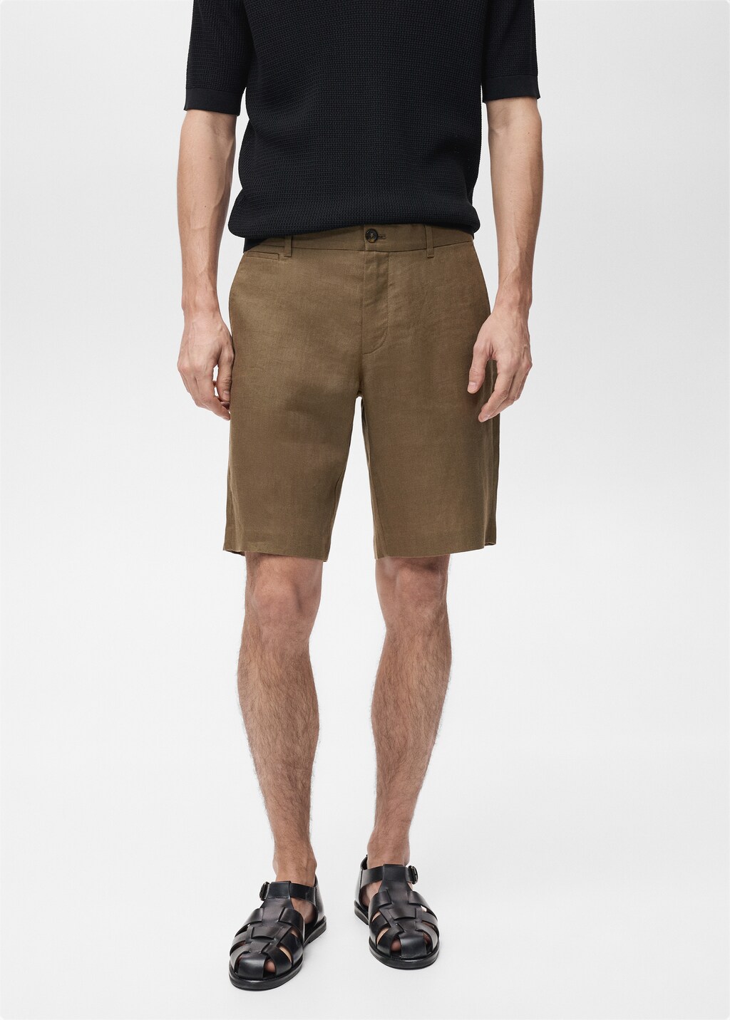 Slim-fit 100% linen bermuda shorts - Dark Navy