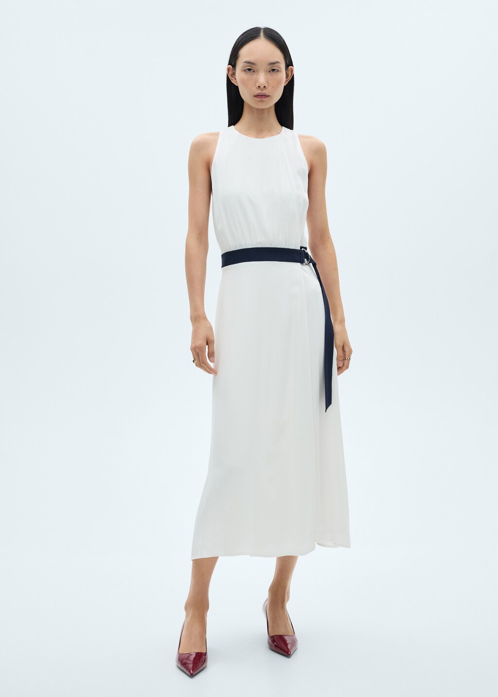 Contrast belt dress - White