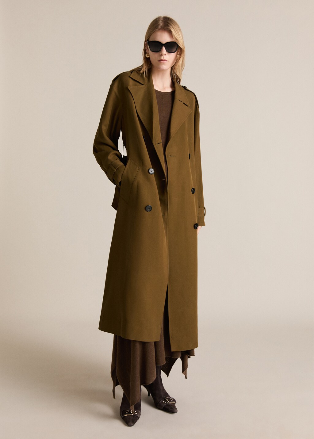 Oversized long lyocell trench coat - Khaki