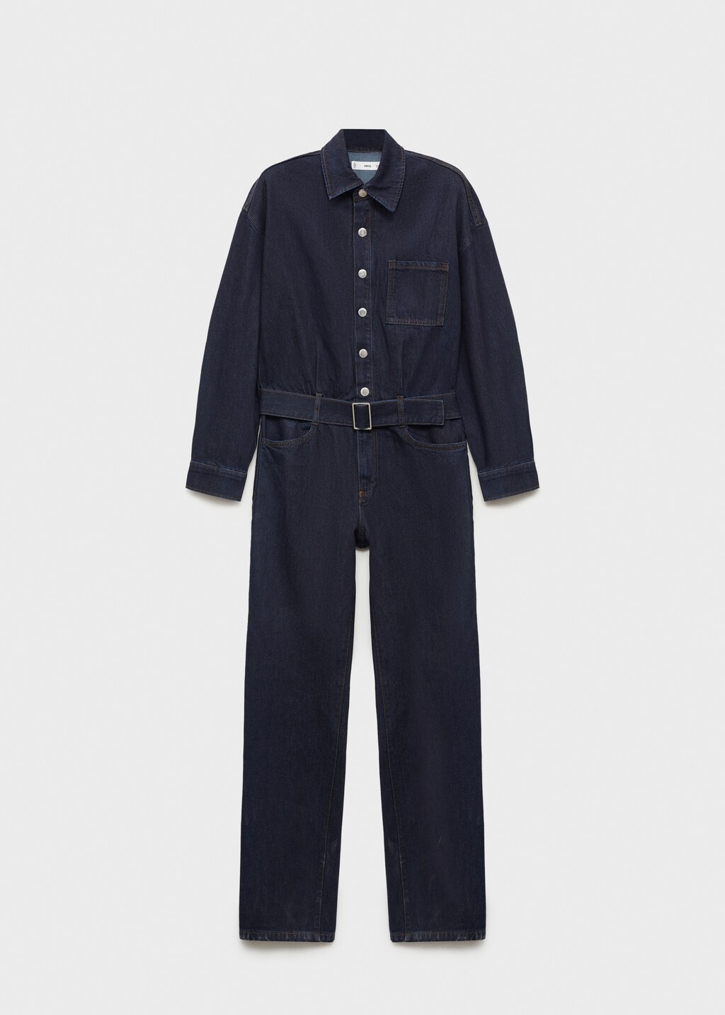 Rinse-wash denim jumpsuit with belt - Open Blue