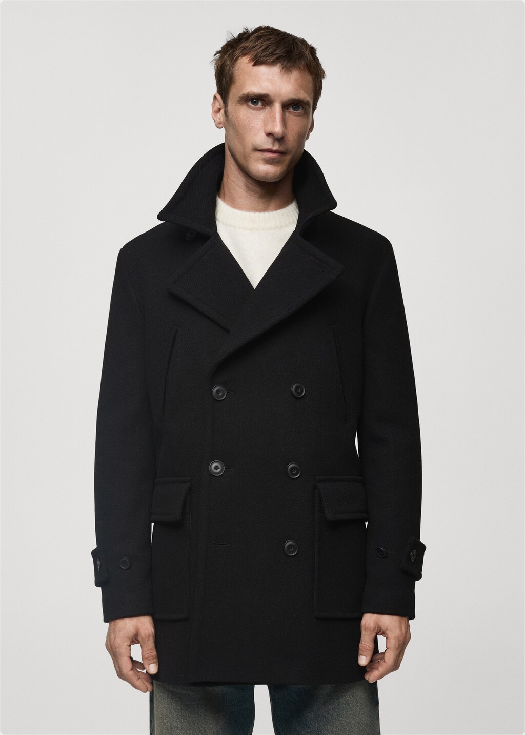 Recycled wool double-breasted coat - Black