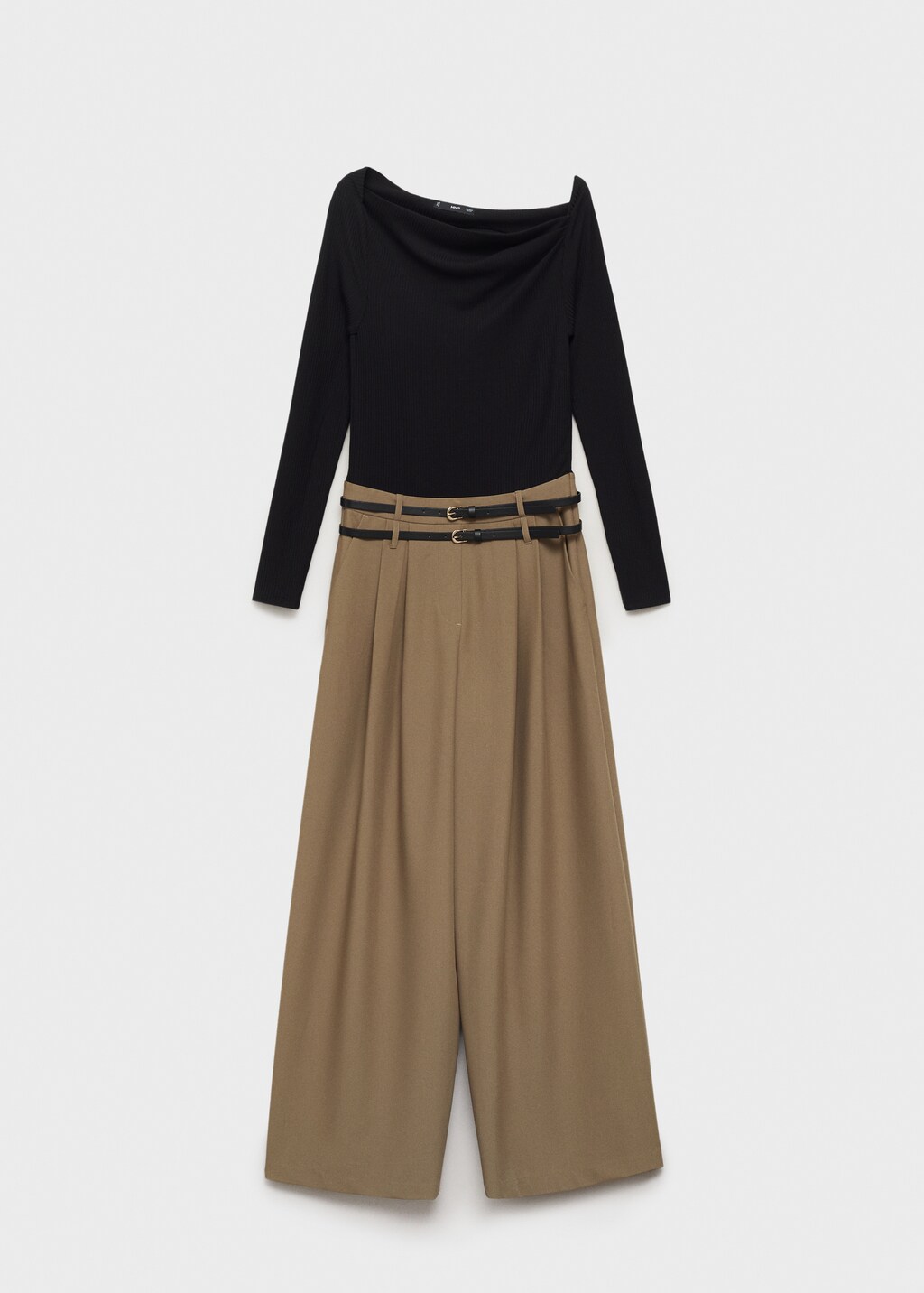 Combined-fabric jumpsuit with belt - Black