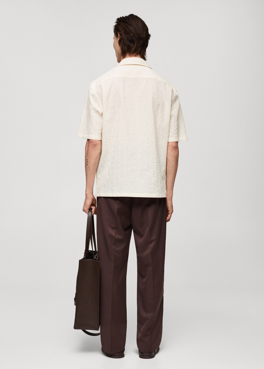 Seersucker shirt with bowling collar - Ecru