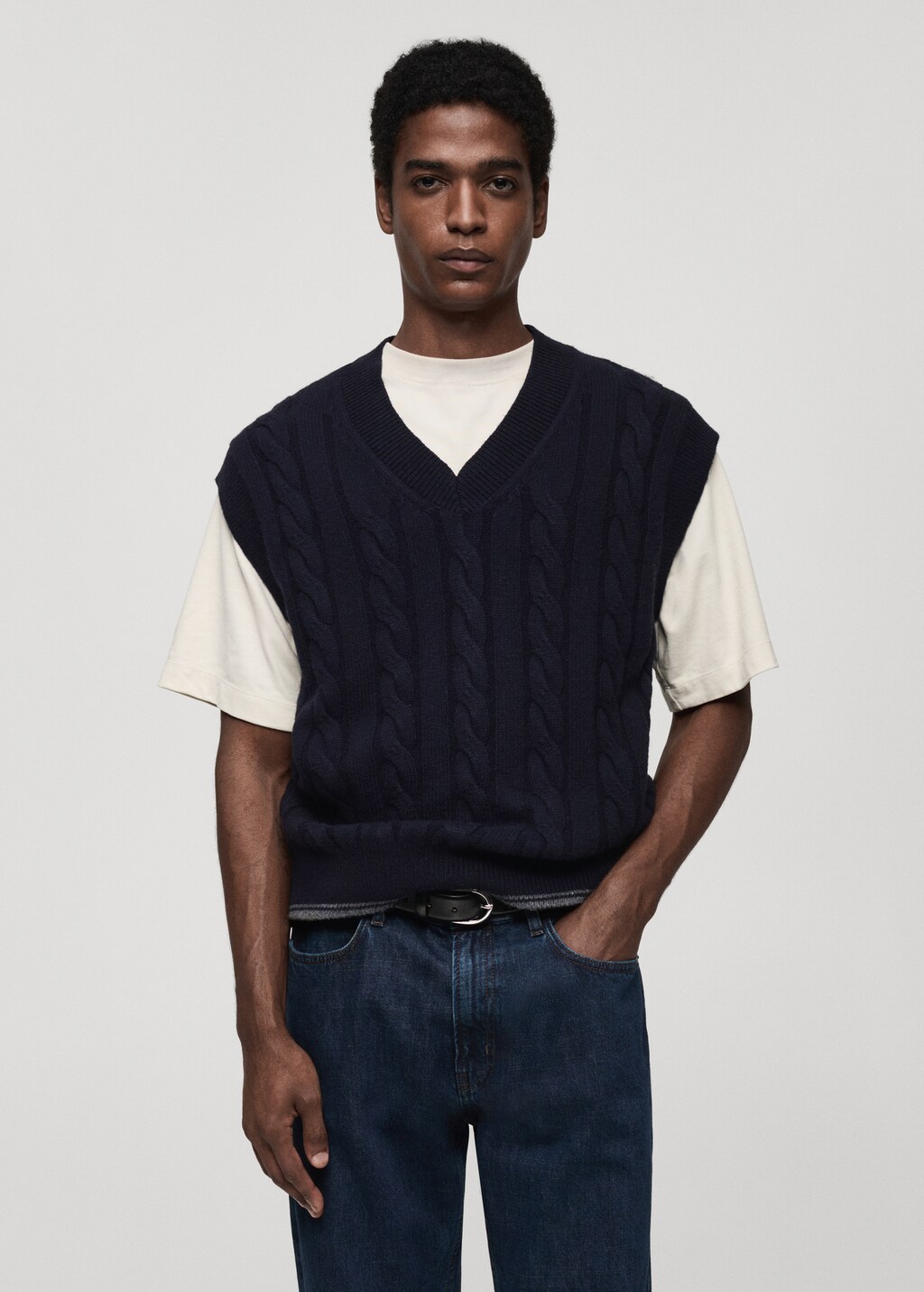 Braided knitted wool waistcoat - Dark Navy