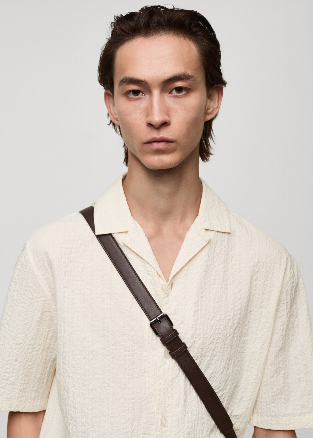 Seersucker shirt with bowling collar - Ecru