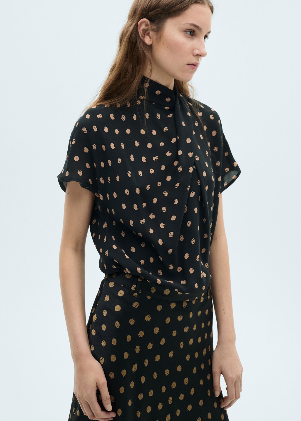 Polka-dot blouse with draped collar - Black