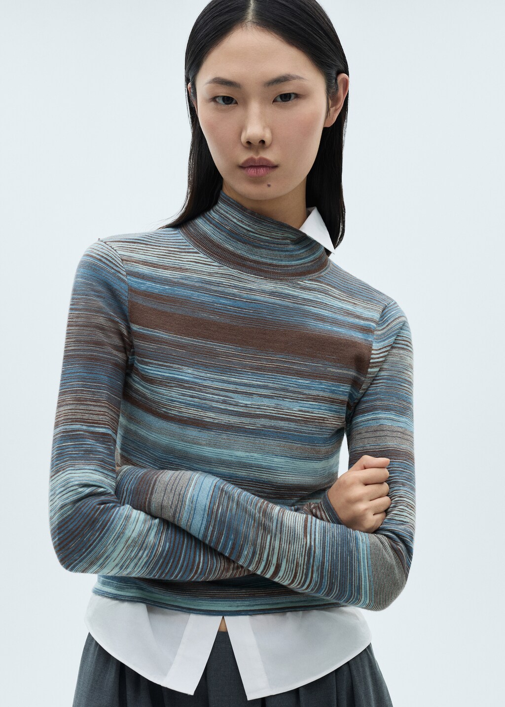 Stand-collar striped sweater - Blue
