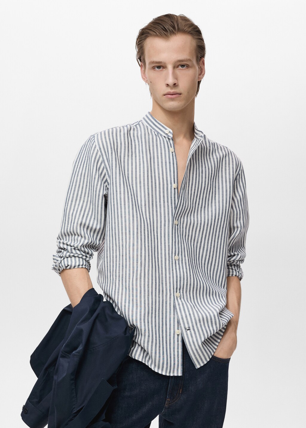 Striped mandarin-collar linen shirt - Dark Navy