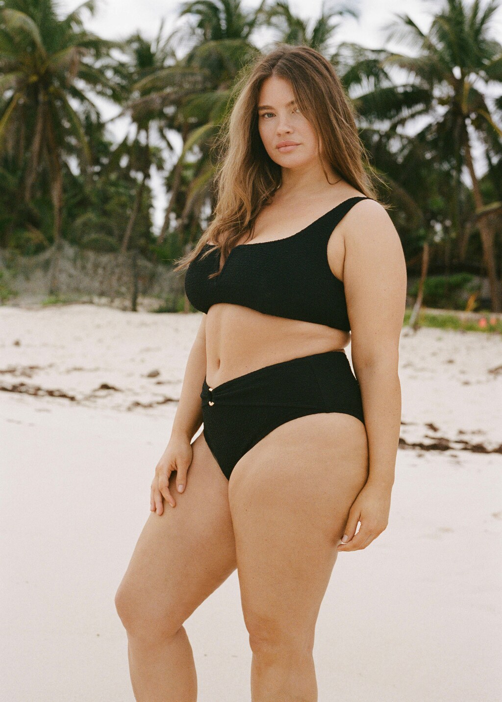 High-waisted towel-effect bikini bottom - Black