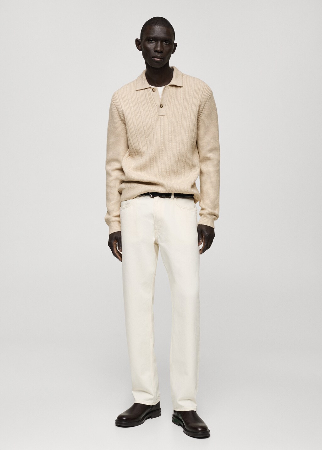 Knitted structured polo sweater - Ecru