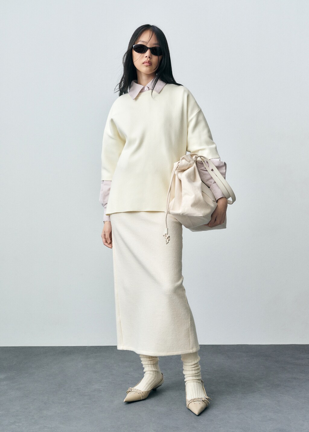 Short-sleeved fine-knit sweater - White