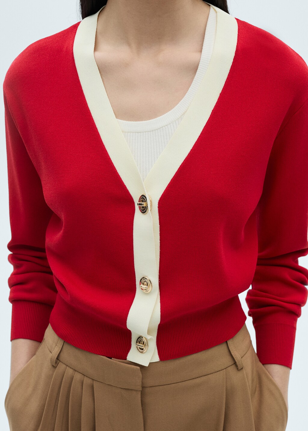 Knitted cardigan with contrasting trims - Red