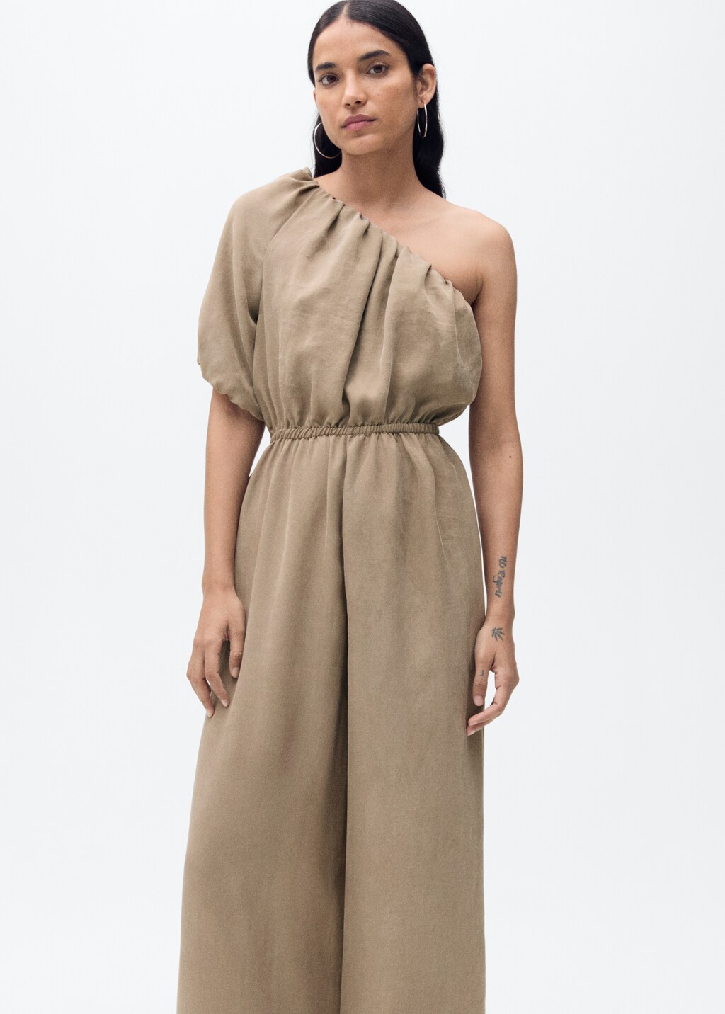 Long jumpsuit with asymmetrical gathered collar - Light/Pastel Grey