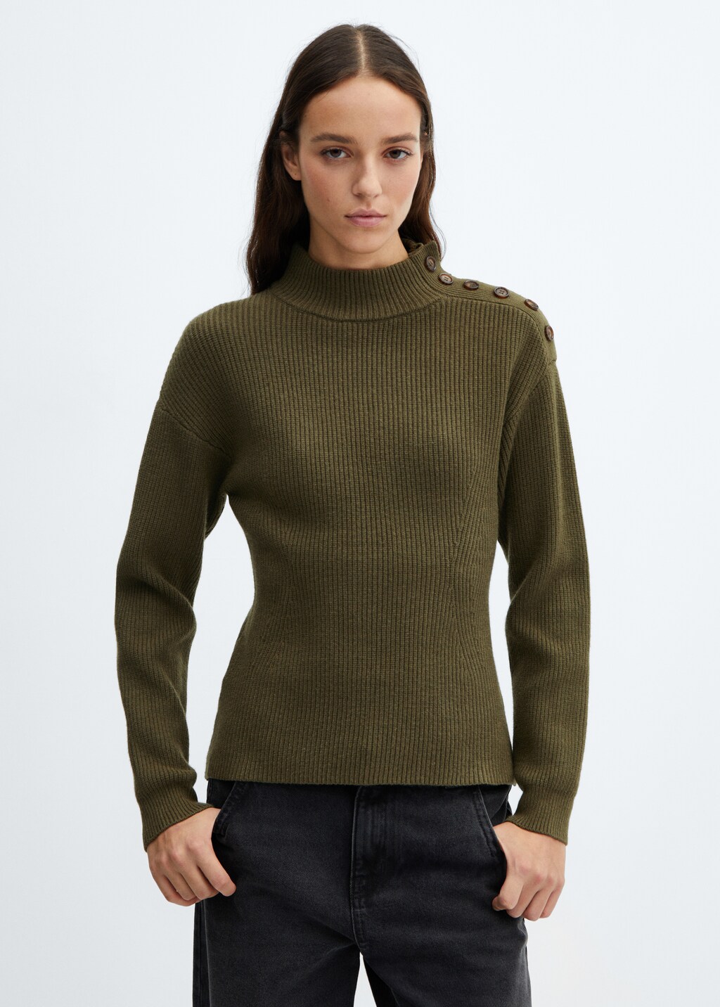 Shouder buttons ribbed sweater - Beige