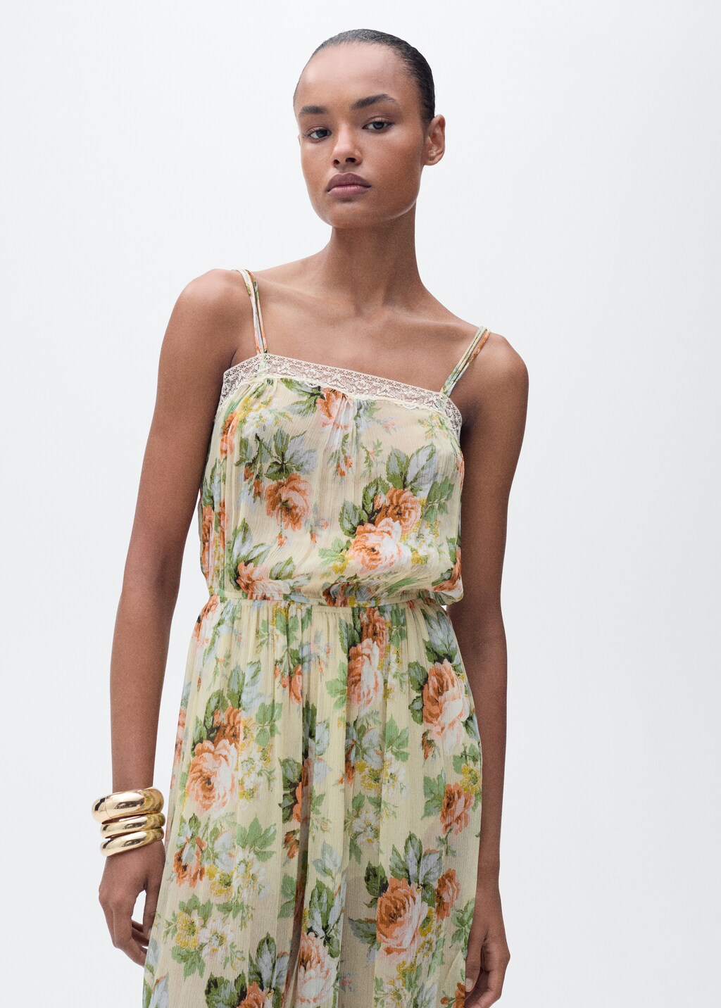 Long floral jumpsuit with puffed hem - Ecru