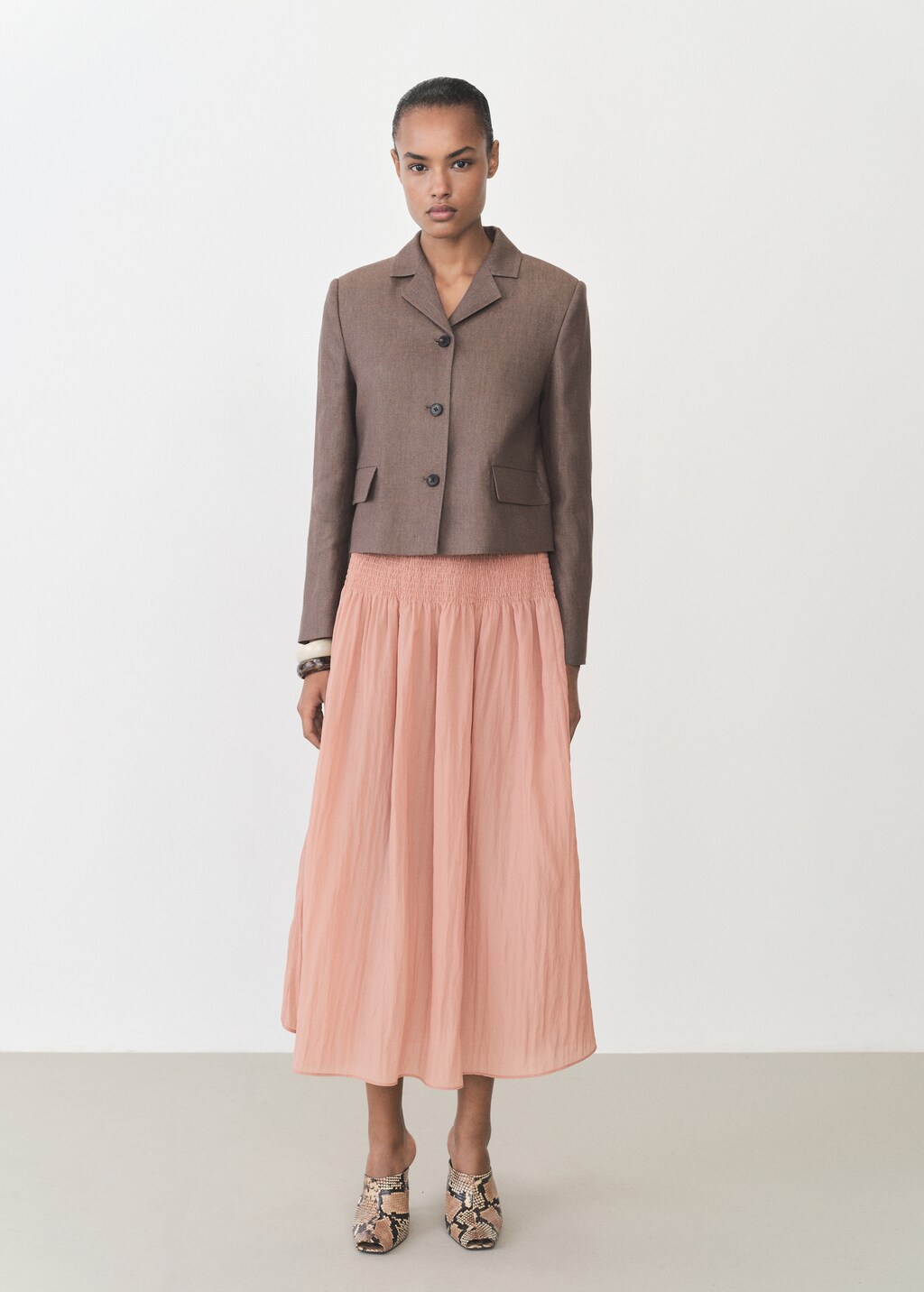 Gathered midi-skirt with panels - Pastel Pink
