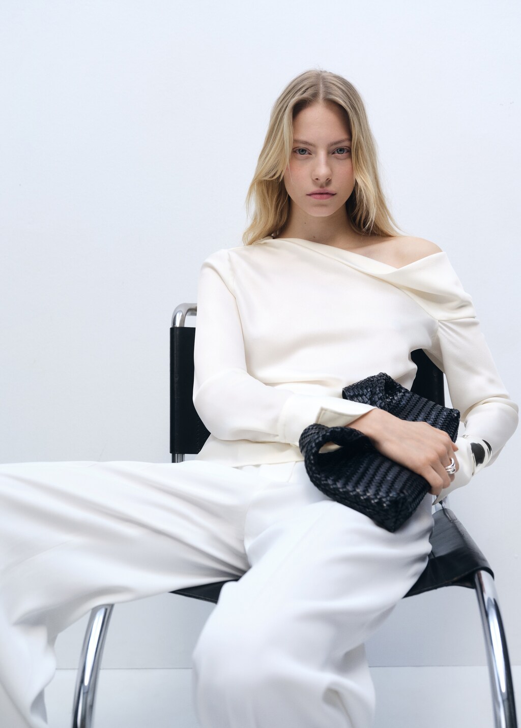 Satin blouse with draped neck - Off White