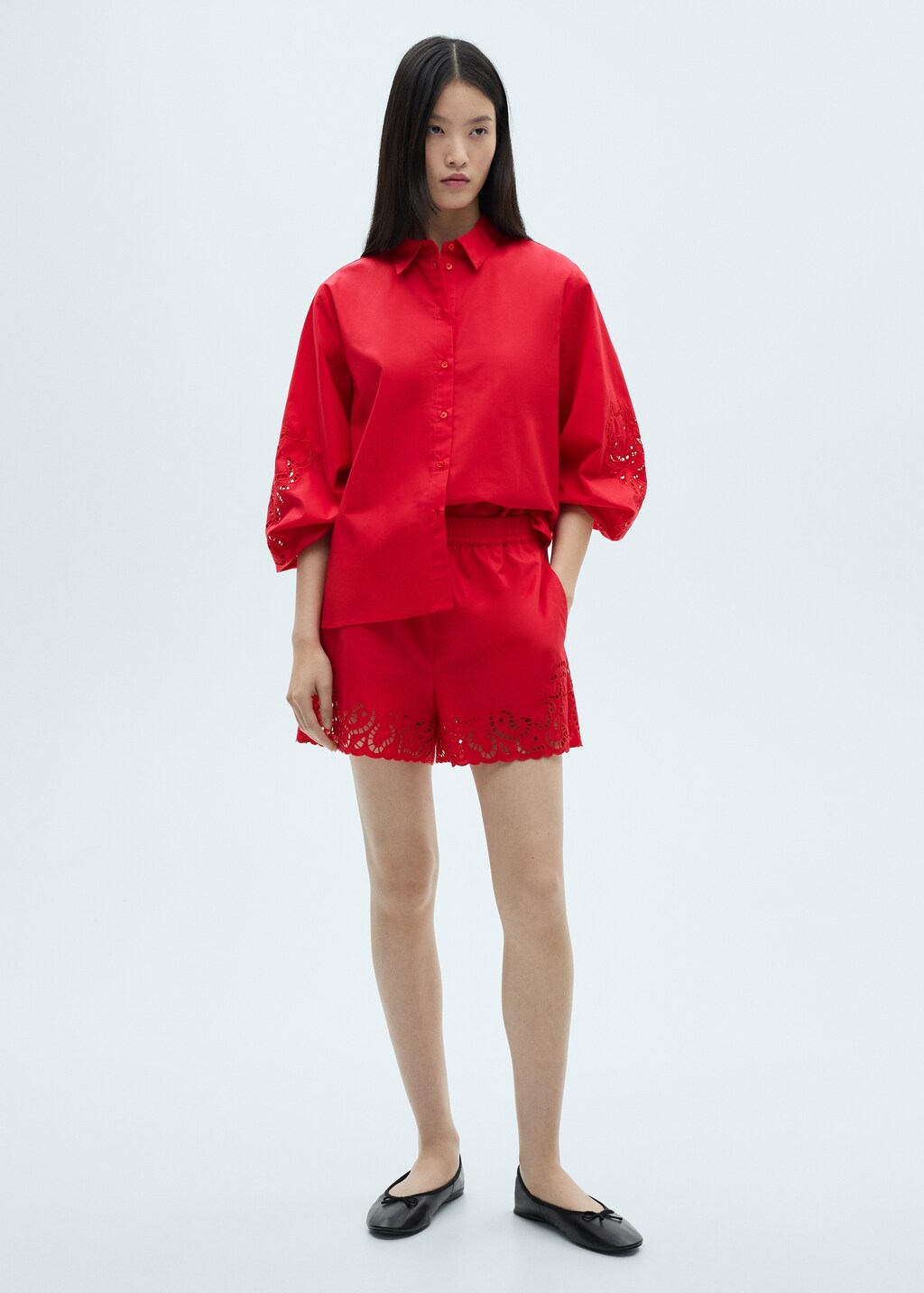 Cotton shorts with openwork details - Red