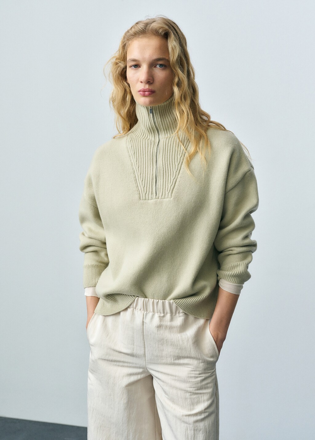 Wool-blend sweater with zip - Green Apple