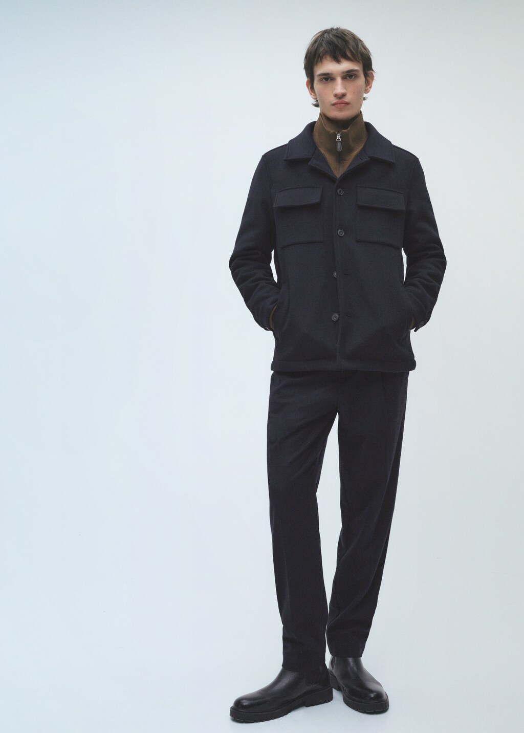 Wool blend coat with detachable hood - Dark Navy