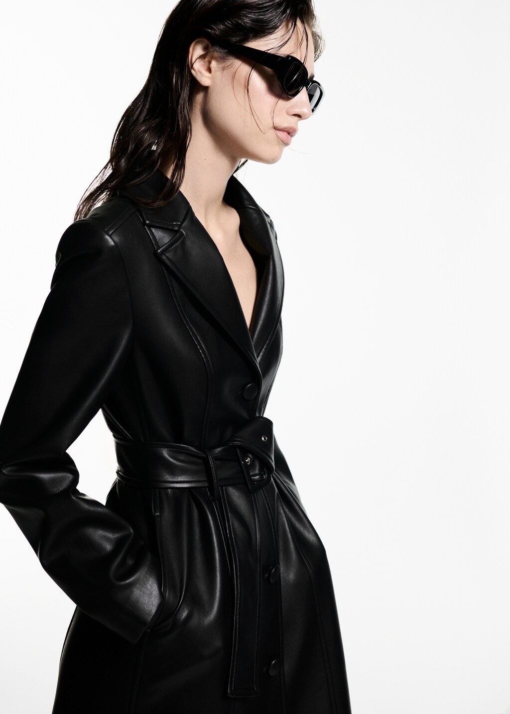 Leather-effect coat with fur-effect trim - Black