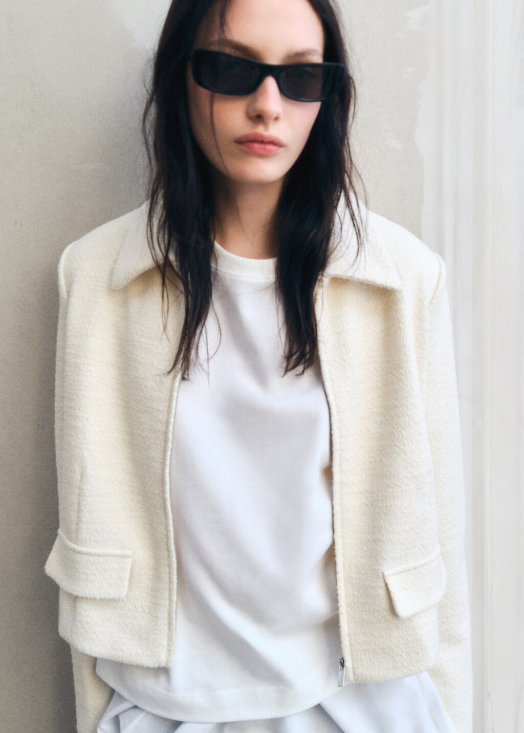 Lapel cotton blend jacket - Ecru