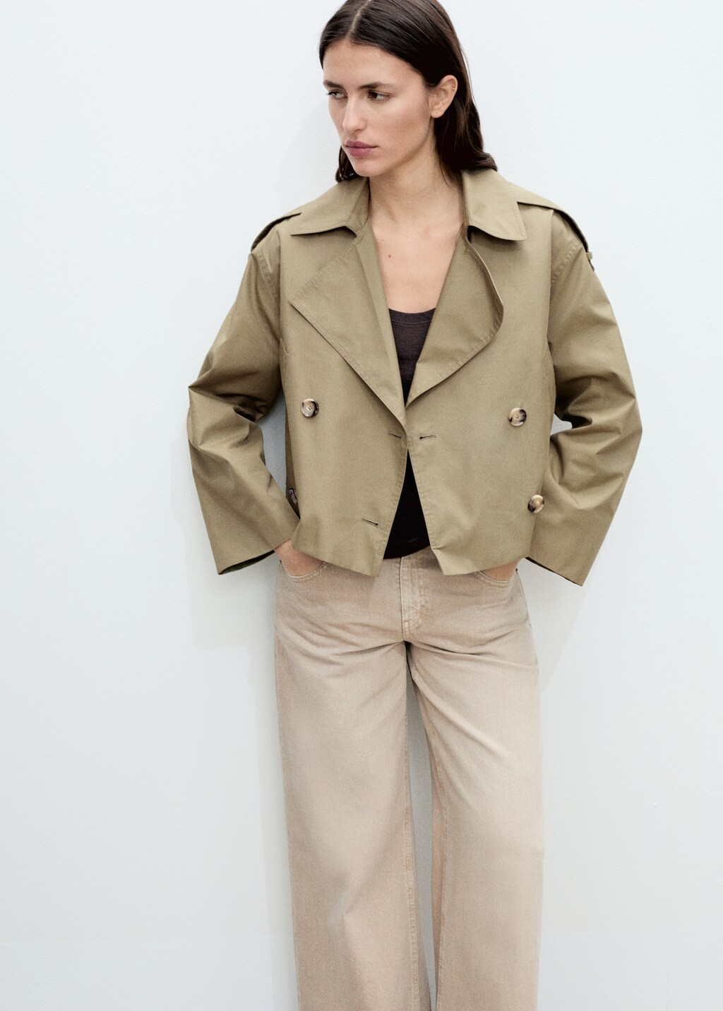 Double-breasted cropped trench coat - Light/Pastel Grey