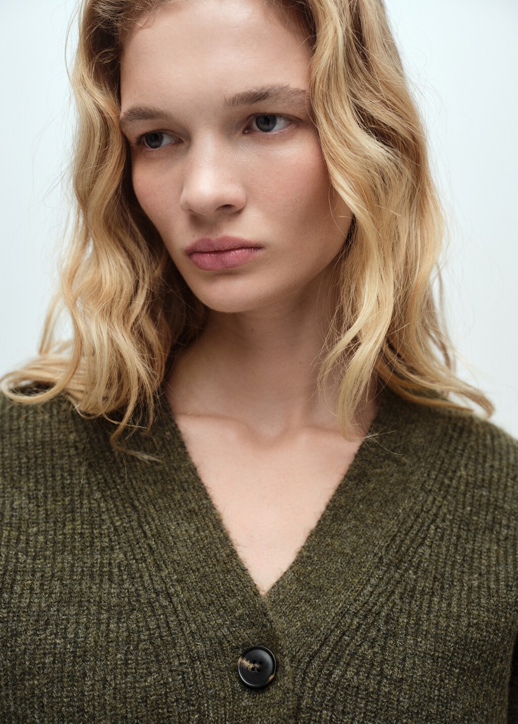 V-neck ribbed cardigan - Khaki