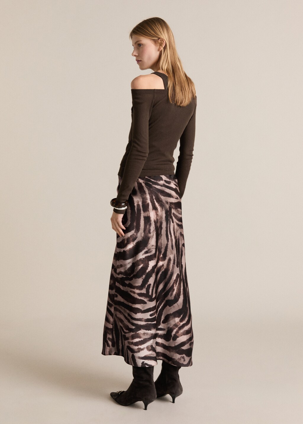 Long satin zebra skirt - Brown