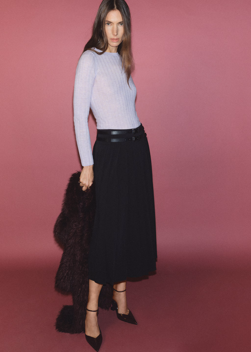 Double-belted pleated skirt - Black