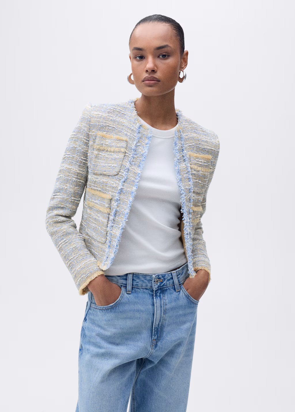 Tweed jacket with frayed ends - Sky Blue