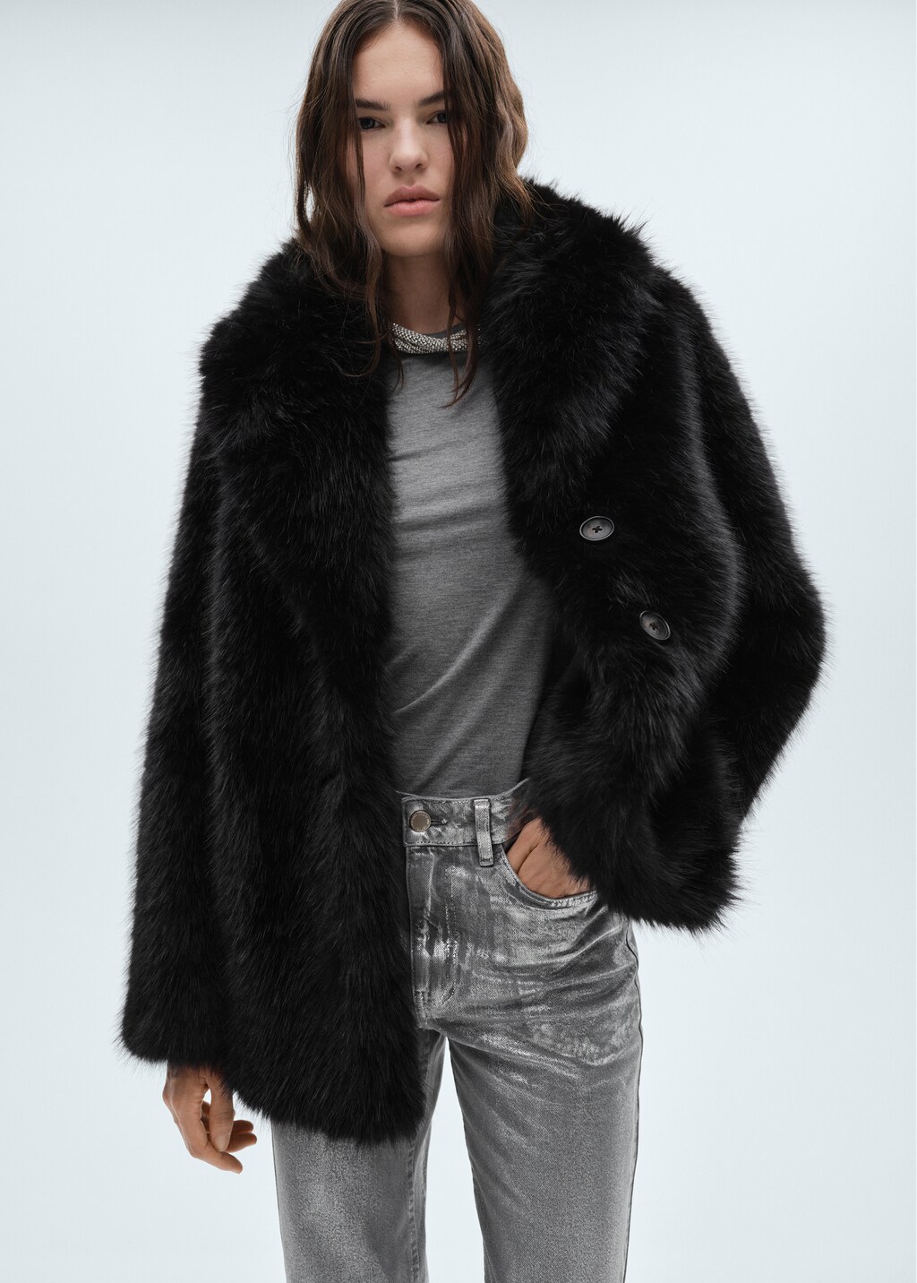 Fur-effect coat with lapels - Black