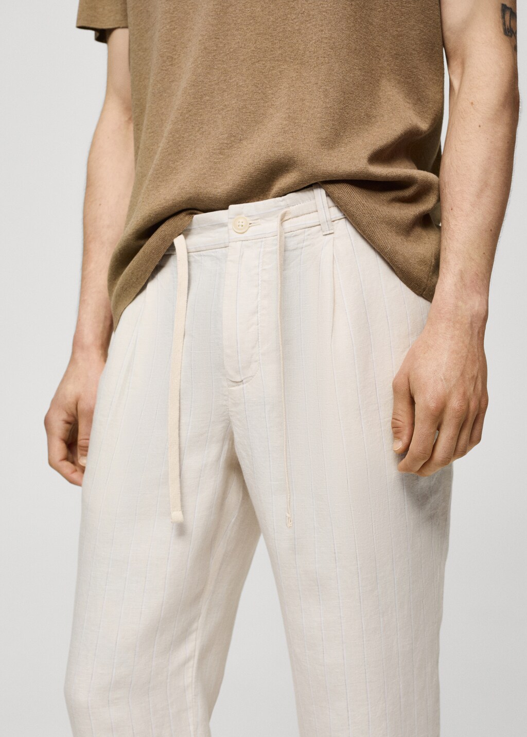 Linen-blend striped trousers with drawstring - Khaki
