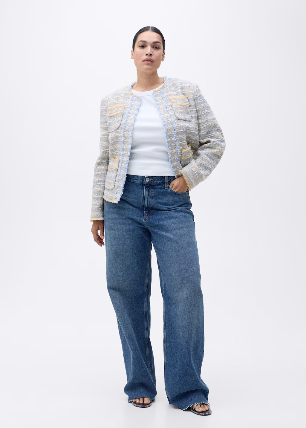 Tweed jacket with frayed ends - Sky Blue